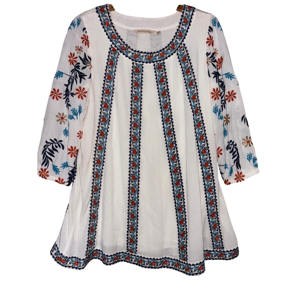 Soft Surroundings XS Embroidered Tunic Top Floral Boho Blouse‎ Cottagcore Preppy